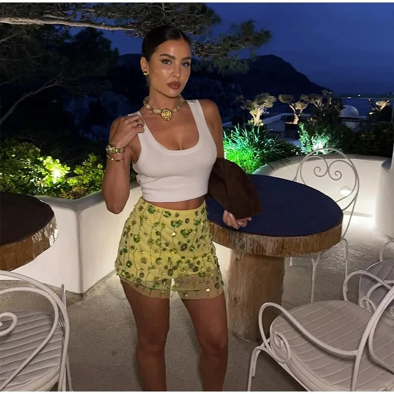 Donne sexy Shinny Paillettes Minigonna Moda Colore Collisione Una linea Gonne a vita alta 2025 Nuovi abiti da club per feste quotidiane femminili