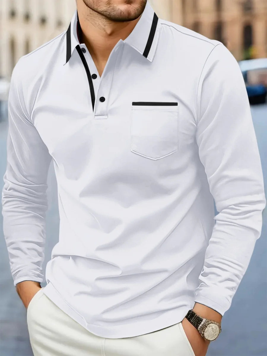Maglia da Golf da Uomo Primaverile e Autunnale Best-Seller, con Colletto e Tasca, Comoda, Casual, Sportiva, Tinta Unita, a Maniche Lunghe, Traspirante