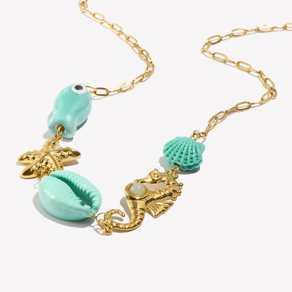 E.B.belle Vacances d'été Poisson bleu Étoile de mer Hippocampe Coquillage Pendentif Collier Acier inoxydable plaqué or Bijoux pour femmes