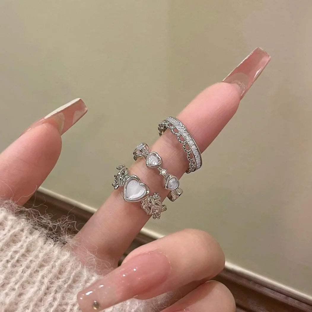 Set da 3 pezzi Anelli a forma di cuore d'amore per donne Ragazze Luce di lusso dolce strass Anello di apertura Regali di gioielli per feste di nozze di moda