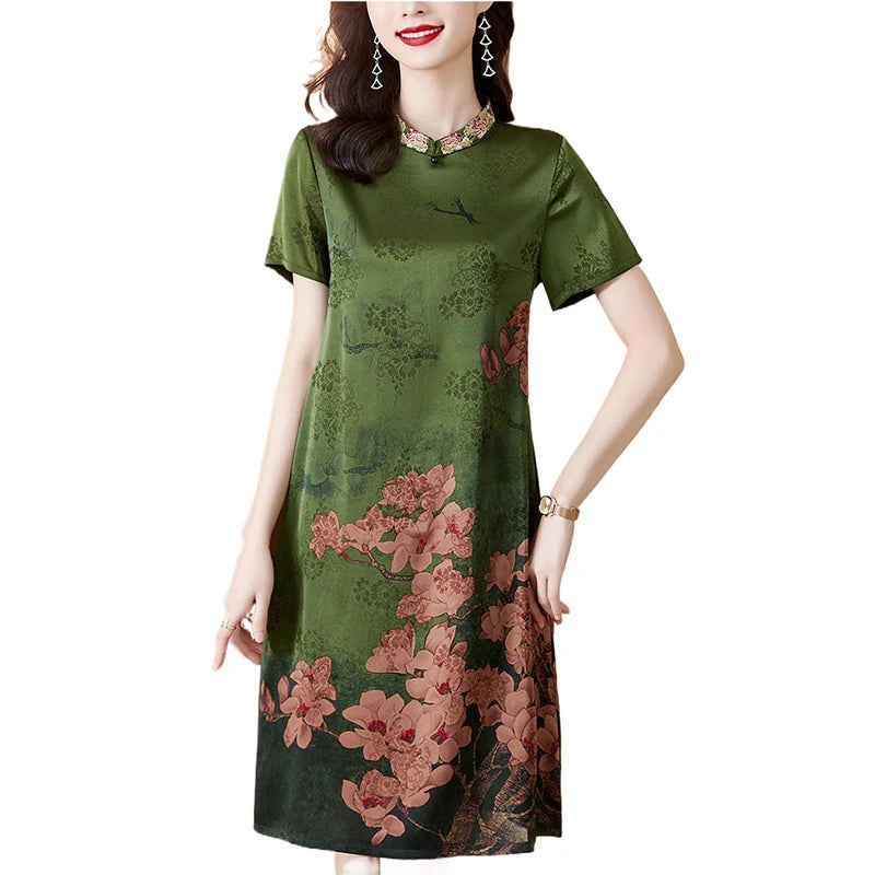 2024 seta floreale manica corta vita allentata vestito Midi donna estate lusso elegante partito abiti coreano Vintage Casual Prom Dress