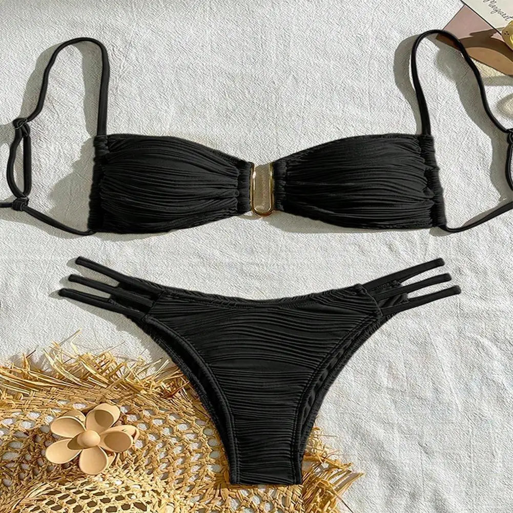 2 pezzi/set donna costume da bagno diviso bikini set fionda fascia reggiseno imbottito texture antirughe slip set moda costumi da bagno sexy