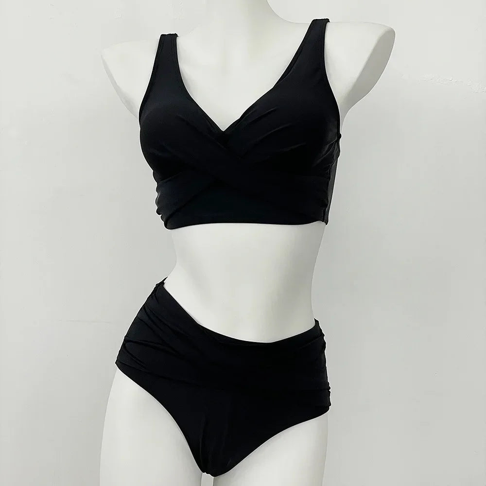 swimsuit ladies Women's High Waist  Bikini Sets Sporty Two Piece Swimsuits Solid Colors High Cut Bathing Suits Women Bikini Sets