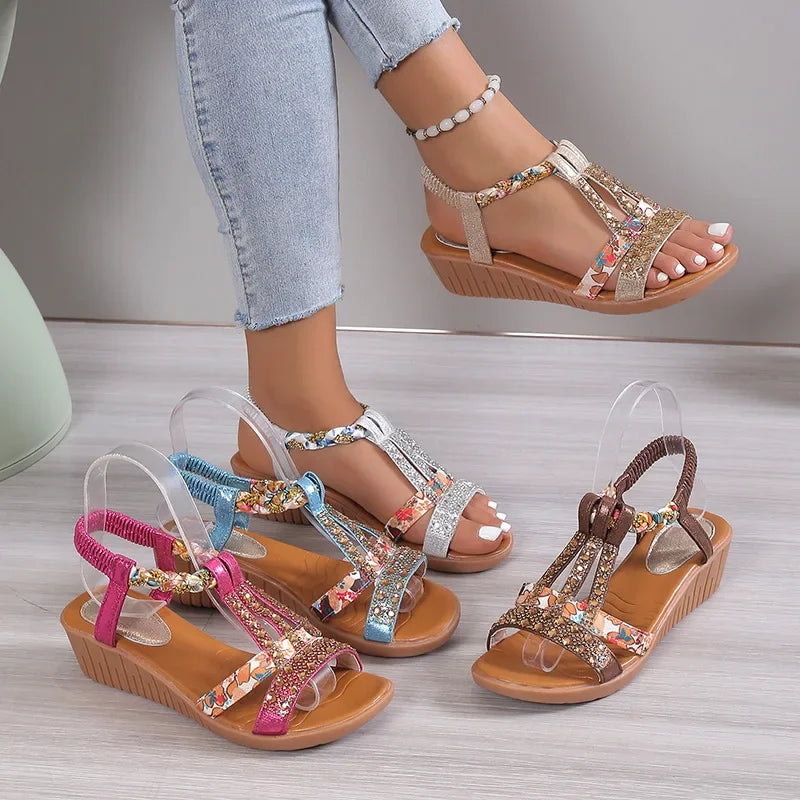 Sandali con zeppa da donna Sandali con zeppa estivi con strass Bohemia Sandali con plateau casual Scarpe da spiaggia all'aperto con punta aperta femminile оьь ж Dönaki......???nikovя