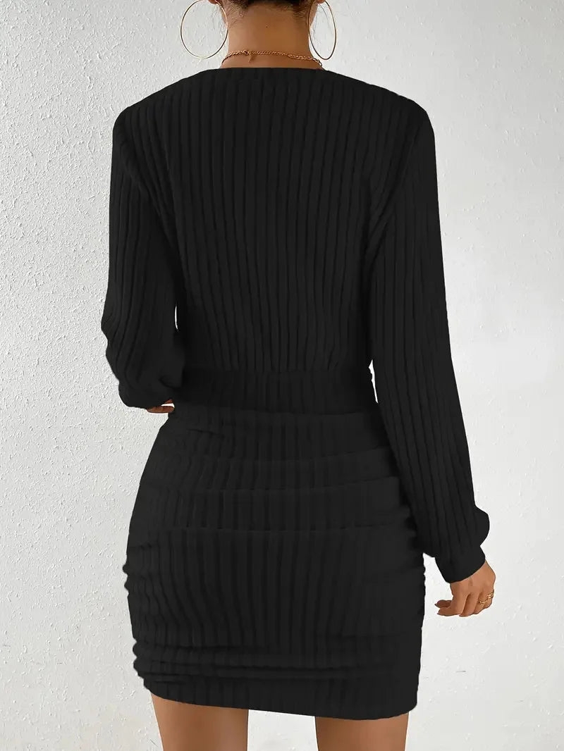 Mini abito maglione lavorato a maglia autunno inverno da donna femminile casual solido avvolgente scollo a V manica lunga caldo aderente abiti corti veste