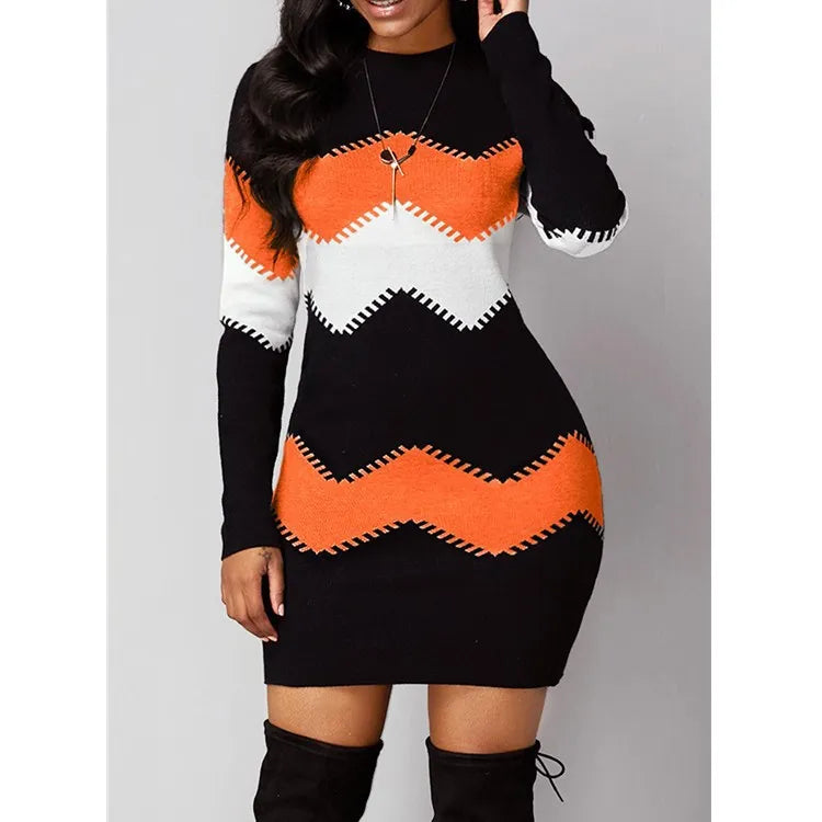 Abito caldo a maniche lunghe patchwork elegante da donna 2022 abito maglione lavorato a maglia a costine autunno inverno mini abiti pullover dolcevita casual