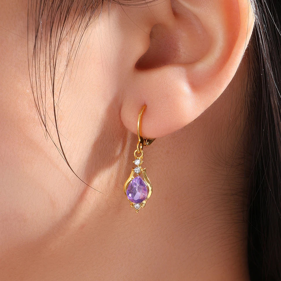 ZAKOL Orecchini a cerchio con goccia in pietra di cristallo viola lucido vintage per le donne Acqua Dorp Boho Orecchini pendenti lunghi Regalo di gioielli