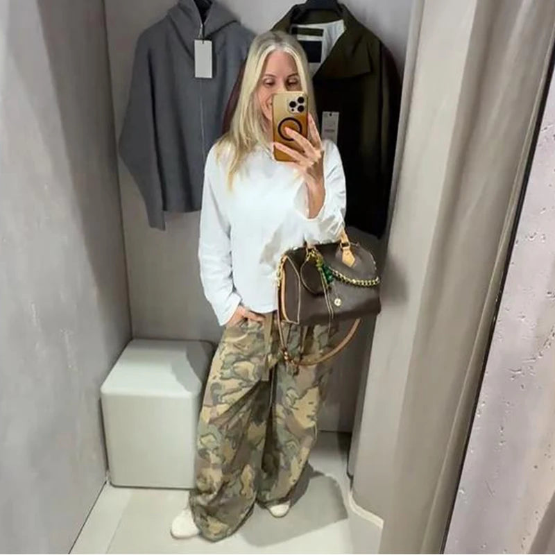 Pantaloni da donna con stampa mimetica, vita con coulisse, gamba larga, taglio ampio, orlo con coulisse, vestibilità comoda, pantaloni casual, streetwear, nuova moda 2026