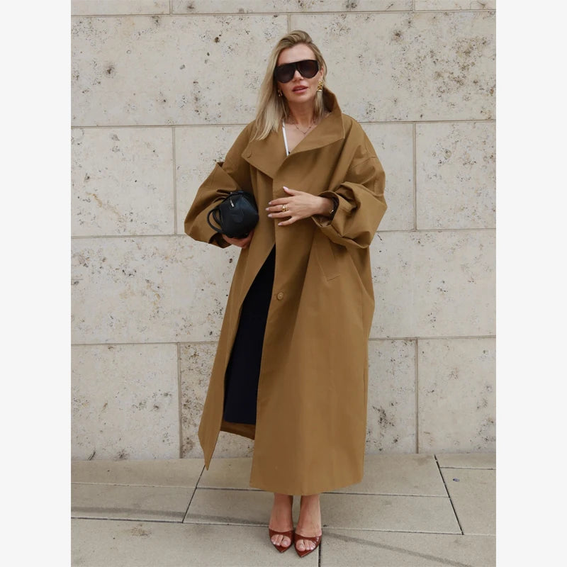 Elegante giacca a vento lunga con risvolto pieghettato verde da donna manica lunga con scollo a V cintura con lacci giacca ampia Lady High Street capispalla quotidiano