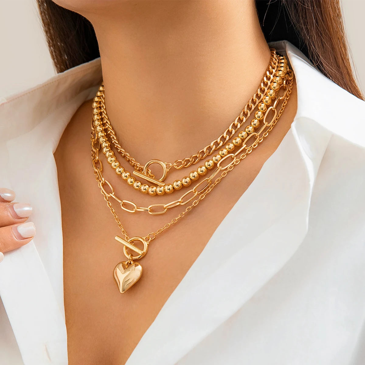 4 Pz/set Punk Color Oro Collana con Ciondolo a Cuore per Le Donne 2024 Alla Moda OT Fibbia In Rilievo Collo Catena Girocollo Y2K Accessori di Gioielli
