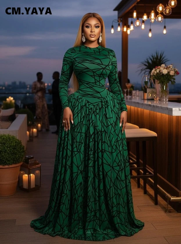 CM.YAYA Abito Lungo da Donna con Maniche Lunghe e Stampa, Collo Tondo, Vestito Maxi 2026 per Serate, Compleanni, Vacanze, Feste Sexy e Club