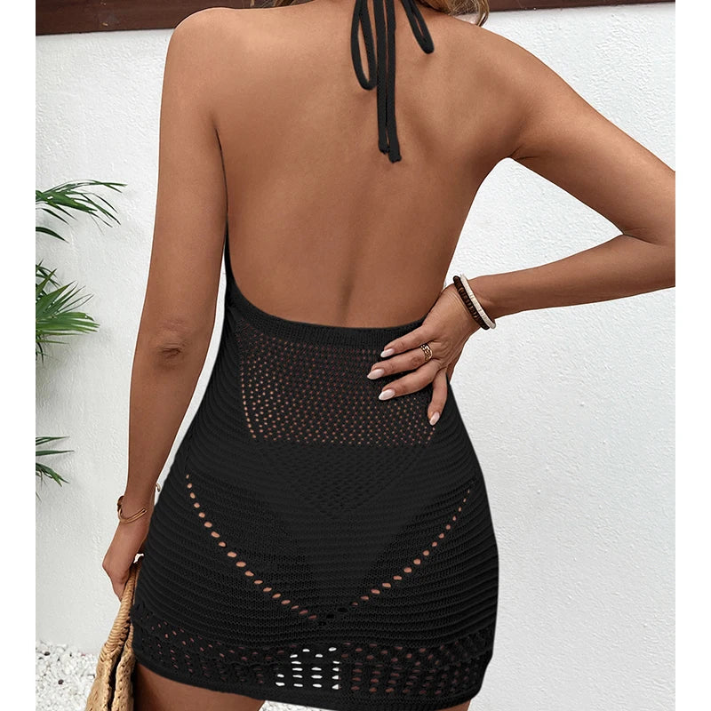 Nuovo stile sexy backless tie up halter vestito lavorato a maglia scava fuori costume da bagno cover up donne vacanza al mare colletto a U protezione solare vestito