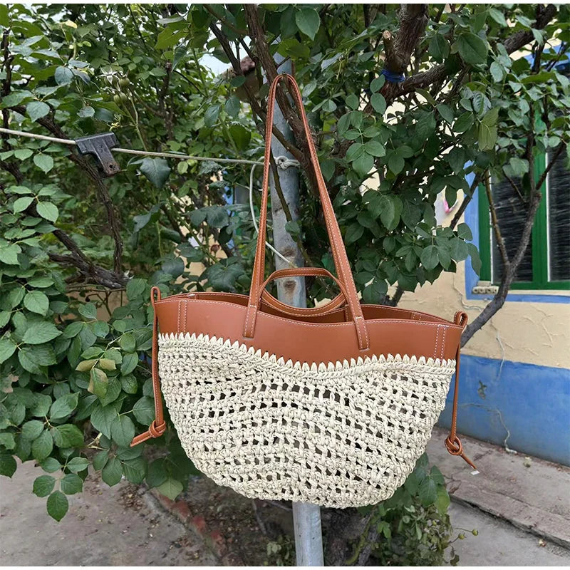 Borsa da donna in paglia intrecciata 2in1 Borsa da ascella in paglia con tracolla regolabile Borsa a tracolla per gnocchi di grande capacità per borsa a secchiello da spiaggia estiva