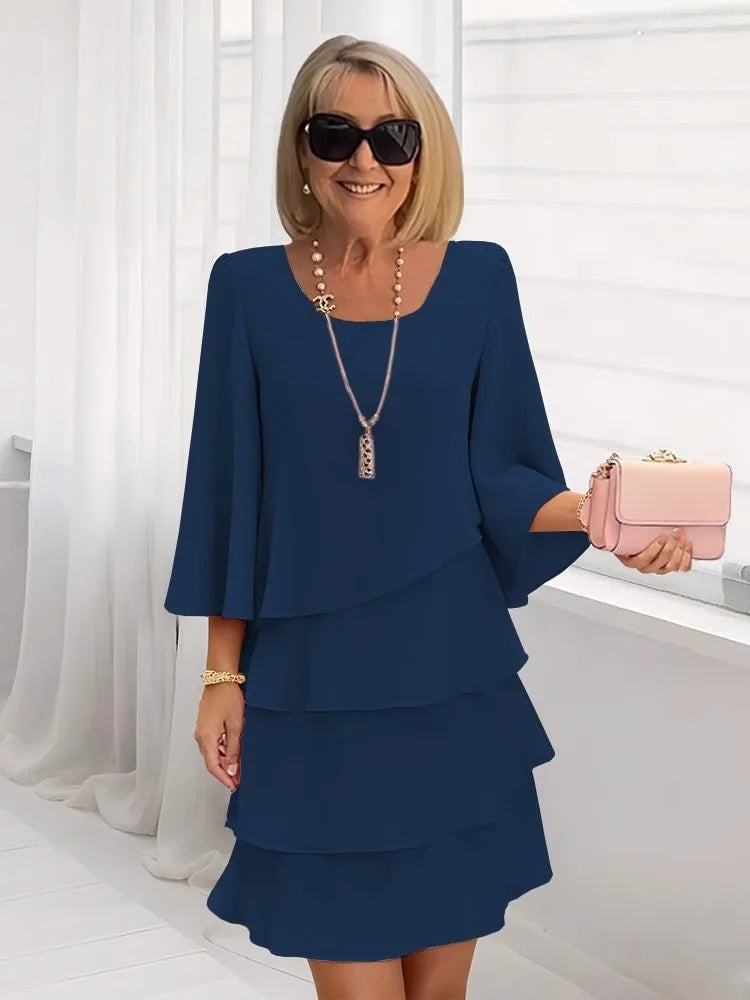 Abito longuette casual con volant Donna 2025 Abiti estivi con scollo a tinta unita moda estiva eleganti