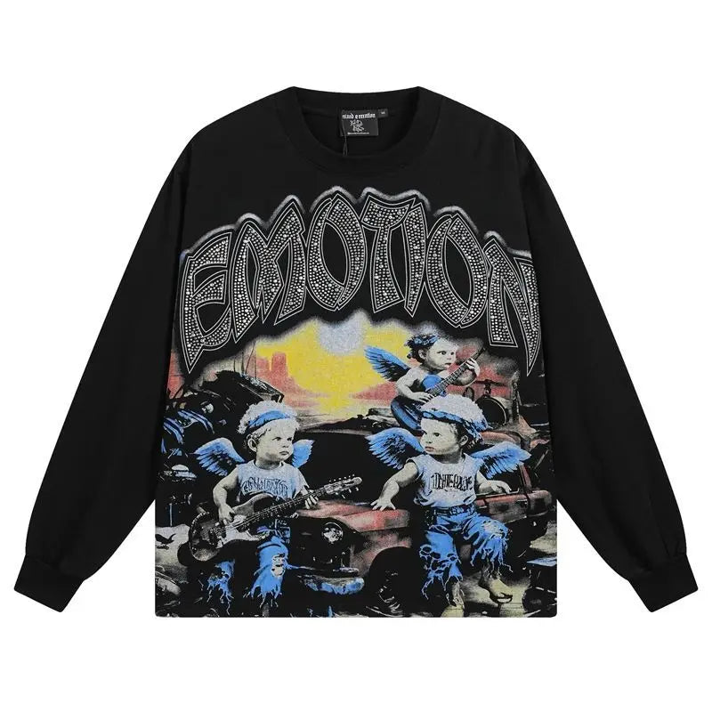 EMOTIONE MISTA T-shirt a maniche lunghe Uomo Donna High Street Stampa completa 100% cotone Girocollo Hip Hop Top oversize