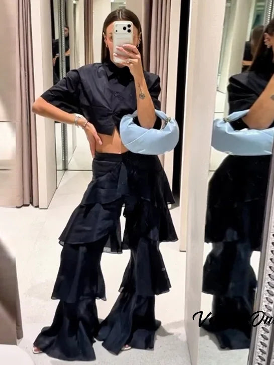 Eleganti Pantaloni a Zampa da Donna con Volant a Cascata in Chiffon a Vita Alta, Neri, Estivi 2026, Versatili, Nuovi