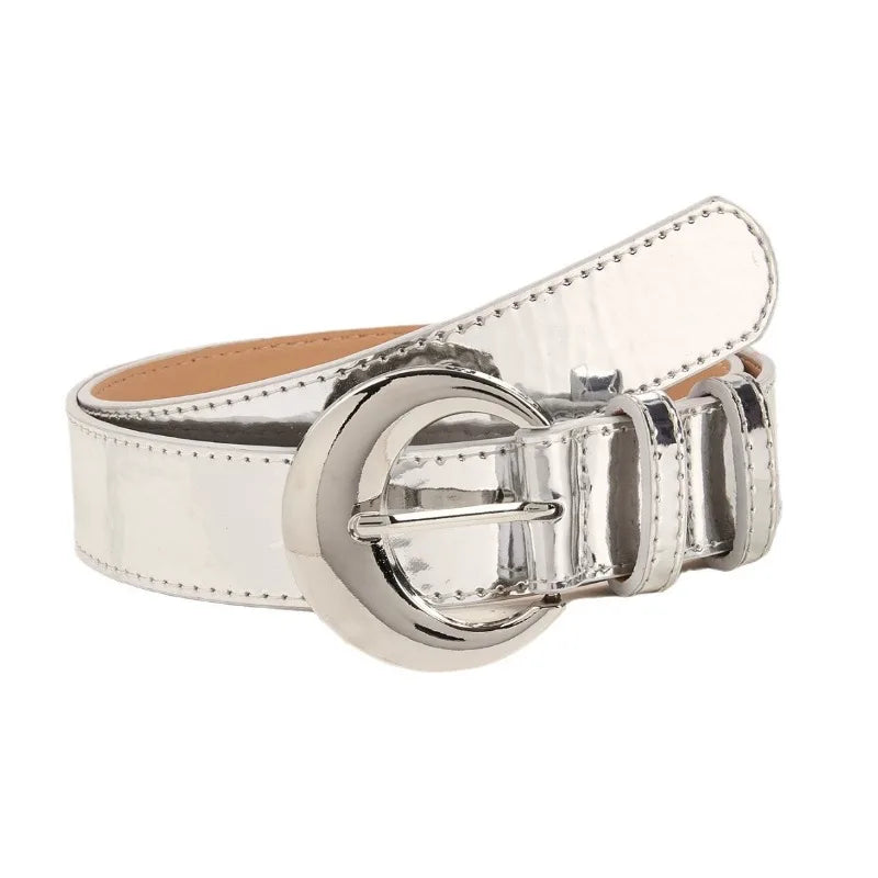 Cintura con fibbia argentata in pelle a specchio di nuova moda Jeans decorativi con cintura da donna retrò semplice e versatile con stile alla moda