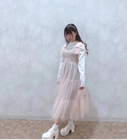 Abiti da donna di nicchia in stile giapponese Primavera Estate Autunno Ragazza Dolce fiocco Abito in rete Lolita Abito lungo con bretelle da fata carina