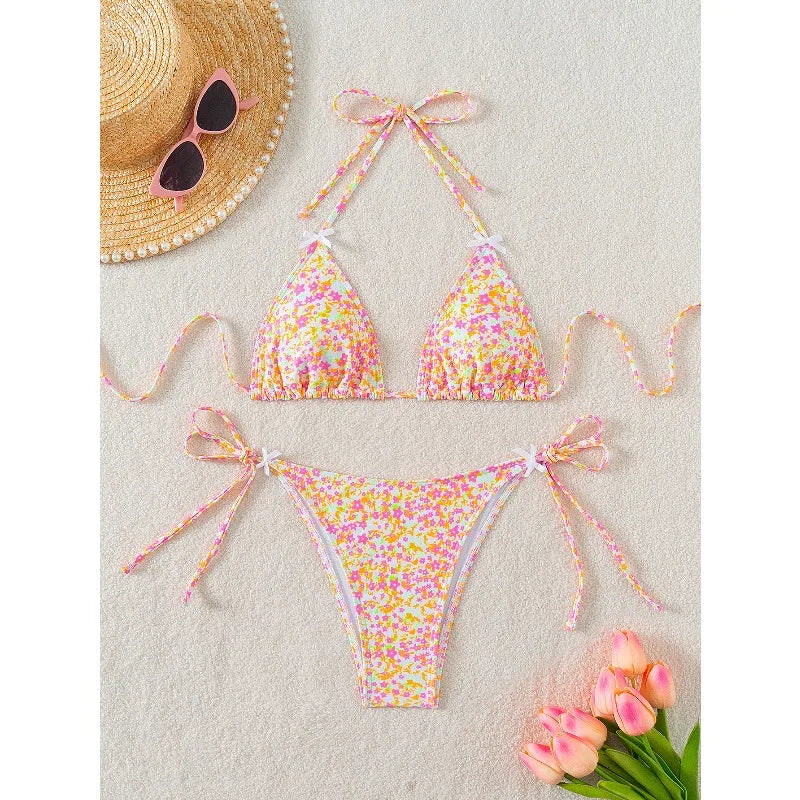 Ensemble bikini deux pièces sexy imprimé léopard Soutien-gorge triangle Bretelles dos nu Ensemble de maillots de bain à lacets pour les vacances à la plage