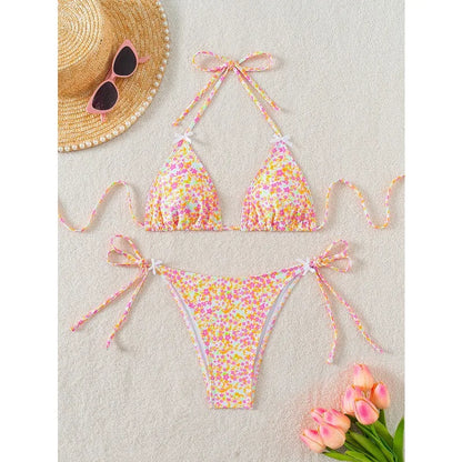 Ensemble bikini deux pièces sexy imprimé léopard Soutien-gorge triangle Bretelles dos nu Ensemble de maillots de bain à lacets pour les vacances à la plage