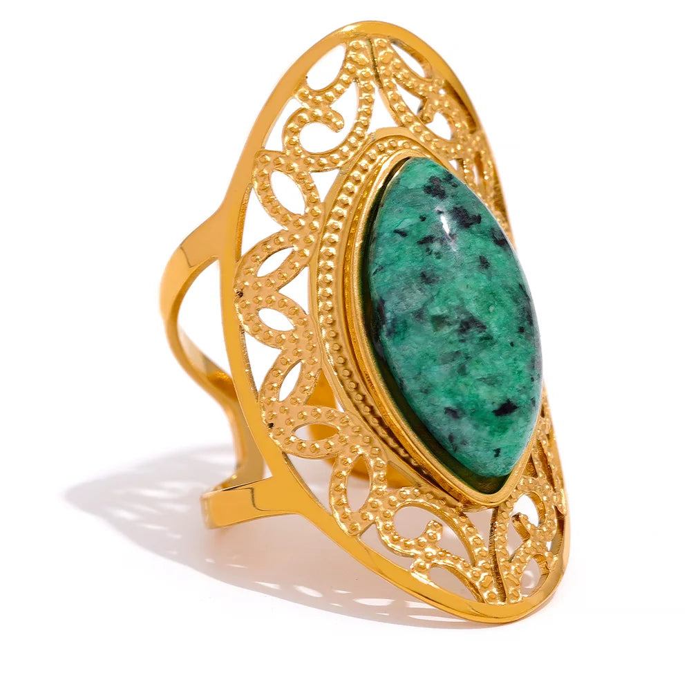 Yhpup Anello aperto in acciaio inossidabile con pietra naturale verde vintage, colore geometrico, gioielli alla moda iperbolici alla moda per le donne