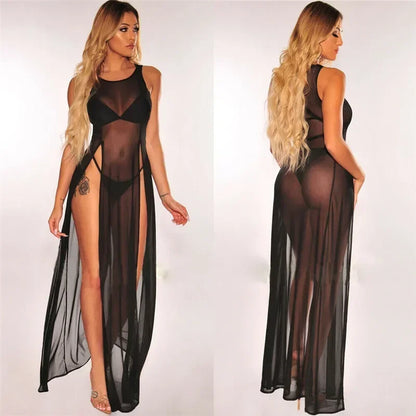 Summer Long Dress Women Sexy Mesh Sheer See Through Bikini Cover Up Beach Sundress Solid Sleeveless Straps High Slit Dress