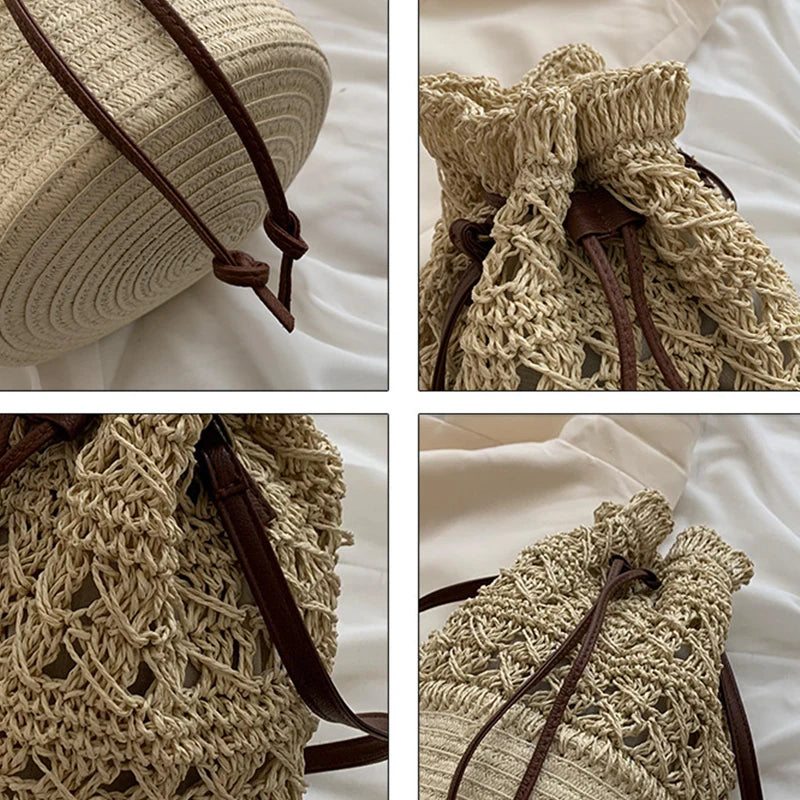 Borsa a tracolla da spiaggia in paglia estiva da donna fatta a mano borsa a tracolla con coulisse cava intrecciata borsa da viaggio con Design femminile di moda lavorata a maglia