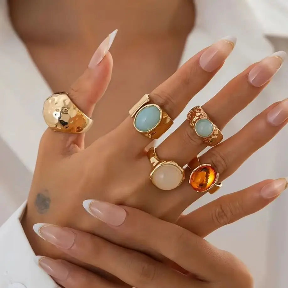 Ingemark 5 Pz/set Retro Color Oro Irregolare Anello di Metallo per Le Donne Della Boemia Aperto Regolabile Anello Ampio Estetico Y2K Regalo Dei Monili