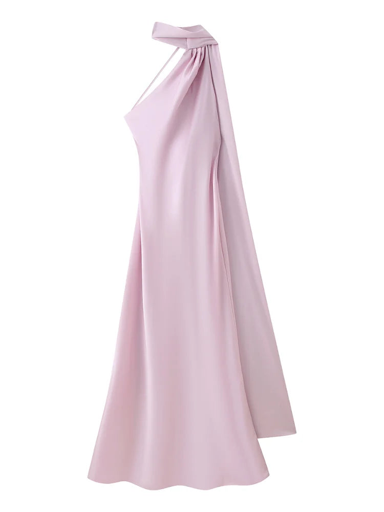 Elegante Abito Lungo da Festa in Raso con Nastro, Vestito Femminile Senza Maniche con Schiena Scoperta, Abiti Chic da Sera Primavera-Estate 2026