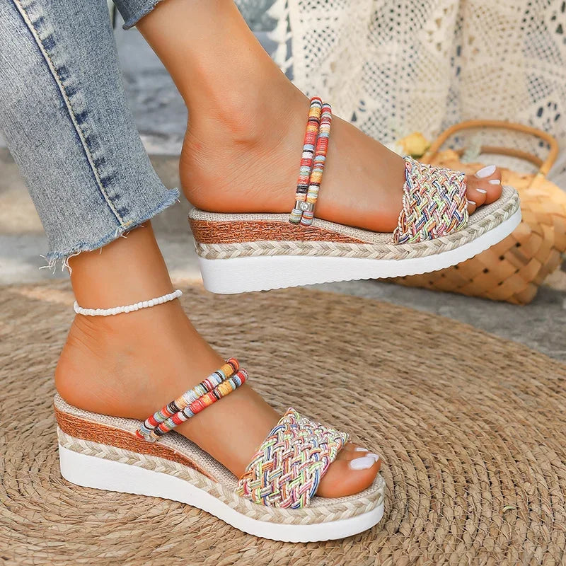 Summer Beach Vocation Sandali bohémien Donna Tacchi con zeppa Pantofole con plateau in tessuto colorato Donna Plus Size 43 Sandalias De Mujer