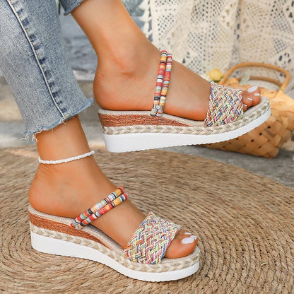 Summer Beach Vocation Sandali bohémien Donna Tacchi con zeppa Pantofole con plateau in tessuto colorato Donna Plus Size 43 Sandalias De Mujer