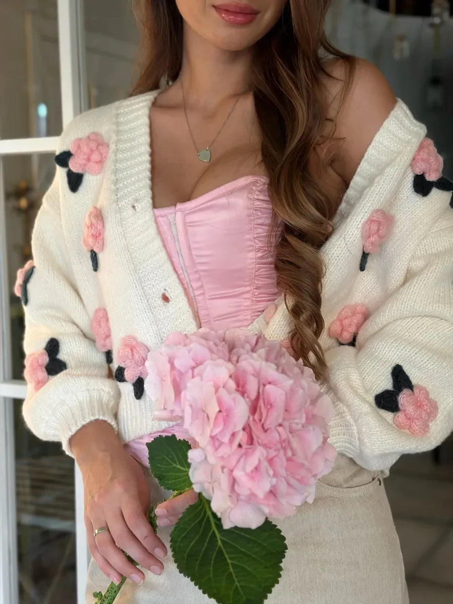 Cardigan autunno inverno da donna maglioni lavorati a maglia carini fiore stampato aperto sul davanti abbottonato cappotto corto allentato capispalla