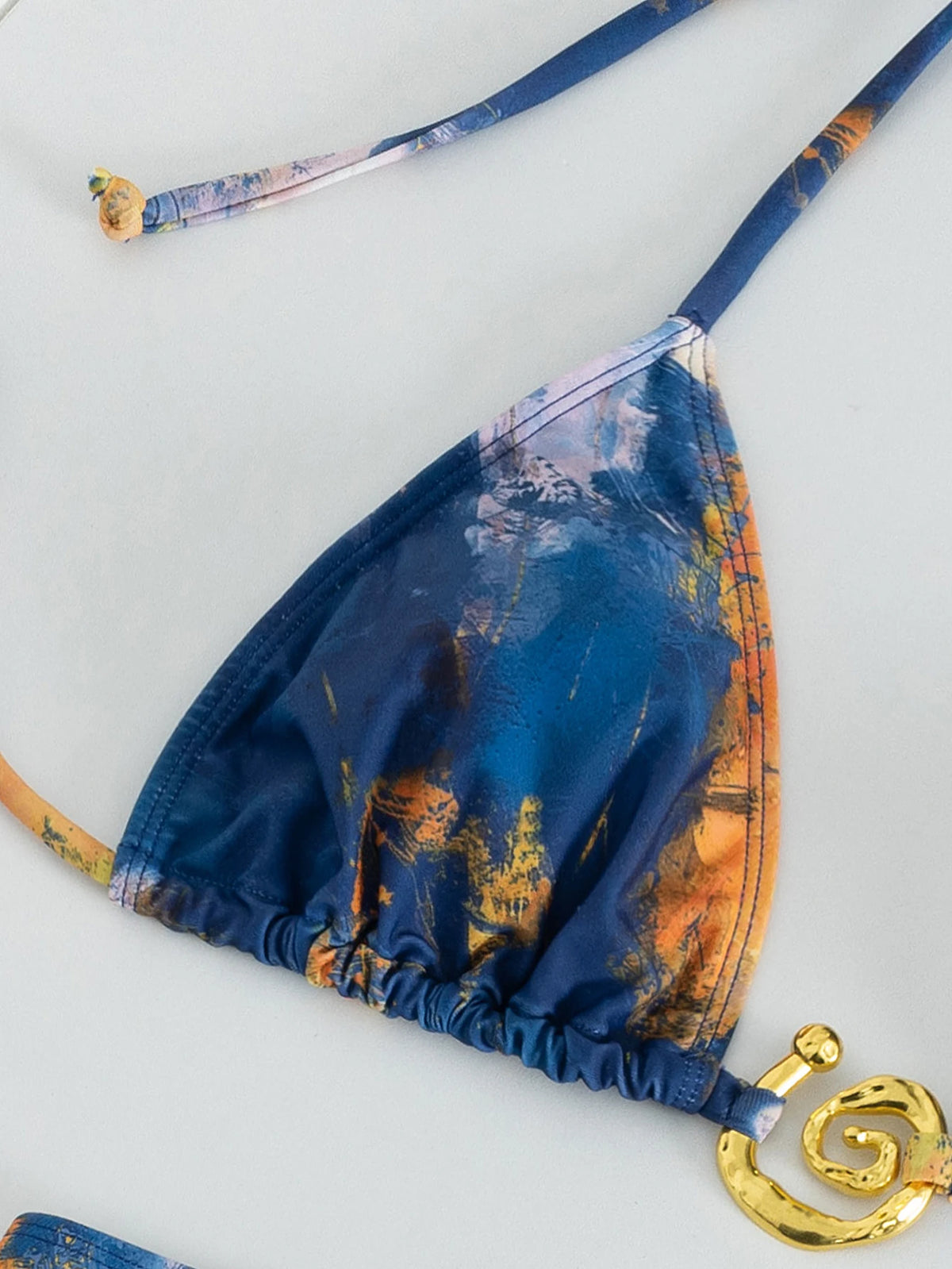 Women's Abstract Tie Dye Bikini Set, Halter Triangle Two Piece Swimsuit with Gold Spiral O-Ring Detail for Beach Vacation