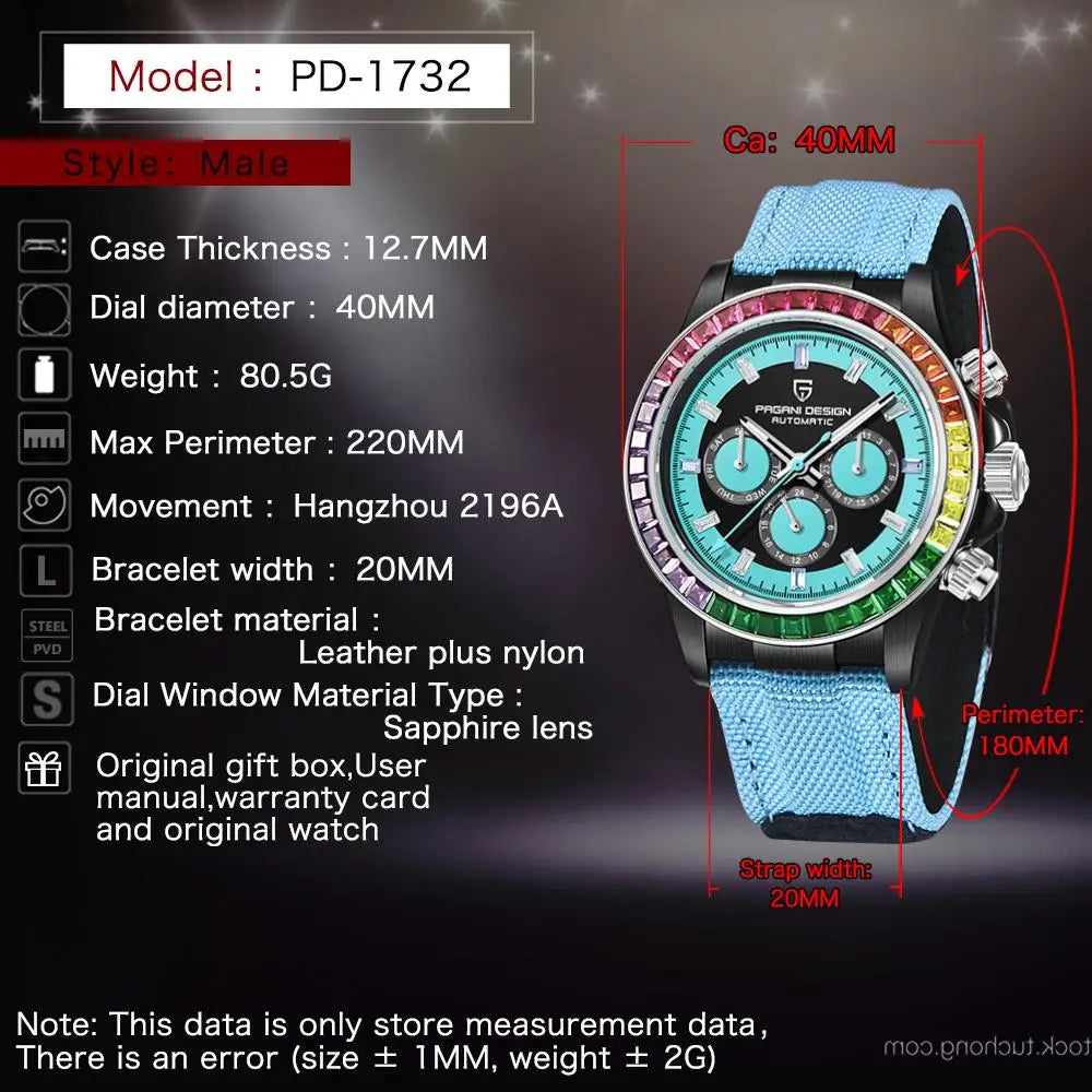 PAGANI DESIGN Orologio meccanico da uomo di lusso 40mm Orologio con cronometraggio multifunzionale Lunetta arcobaleno Vetro zaffiro Orologi da uomo PD1732