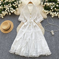 Abiti midi scavati di lusso Camicia da donna Vacanza estiva Elegante bottone monopetto Cintura in pizzo Ricamo Vestido lungo da festa