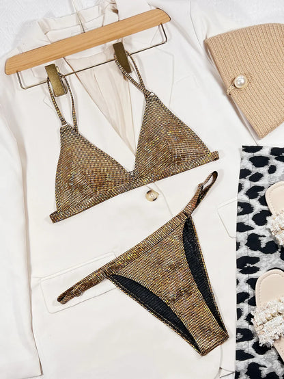 Costume da bagno donna oro glitterato 2026, bikini lucido due pezzi sexy con scollo a V, costume da bagno a vita alta senza schienale XMC185W