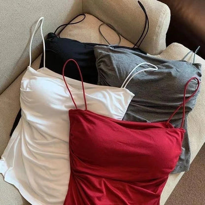 Débardeur d'été sexy pour femme, bretelles spaghetti, sans manches, gilet, caraco, haut de soirée, clubwear, slim, court, noir