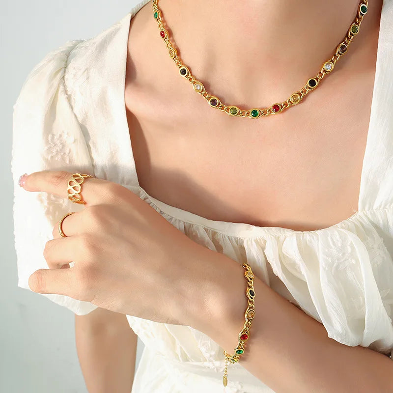 Ensemble collier bracelet zircon coloré pour femmes, chaîne inaltérable tendance, bijoux de créateur, accessoires plaqués or en cuivre 2024