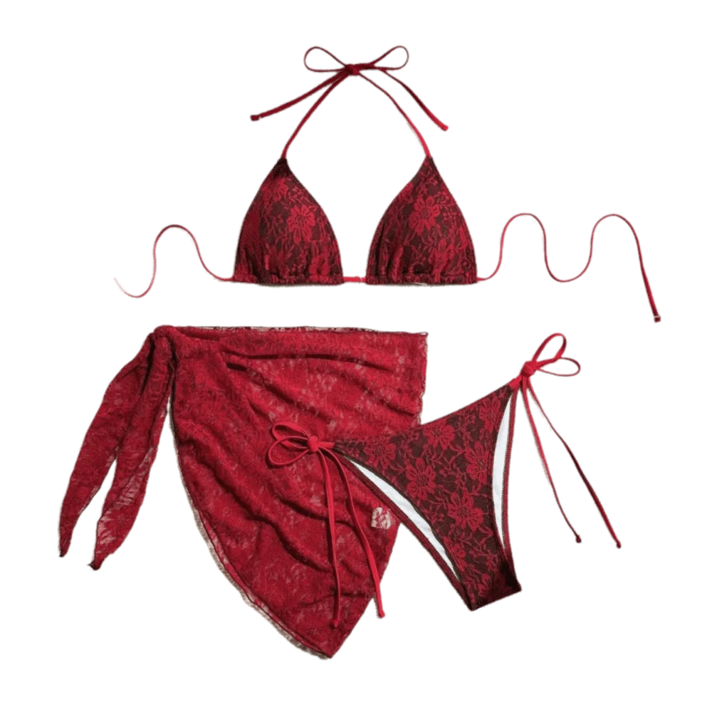 Badeanzug Neckholder Sexy Brasilianischer Bikini Set Pareo Nylon Spitze Bikinis Netz Rot Dreiteilige Bademode Sommer