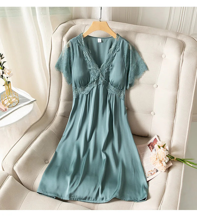 Fdfklak camicia da notte estiva da donna a maniche corte sottile in raso di seta Sexy nuova camicia da notte da notte da notte da donna in pizzo principessa