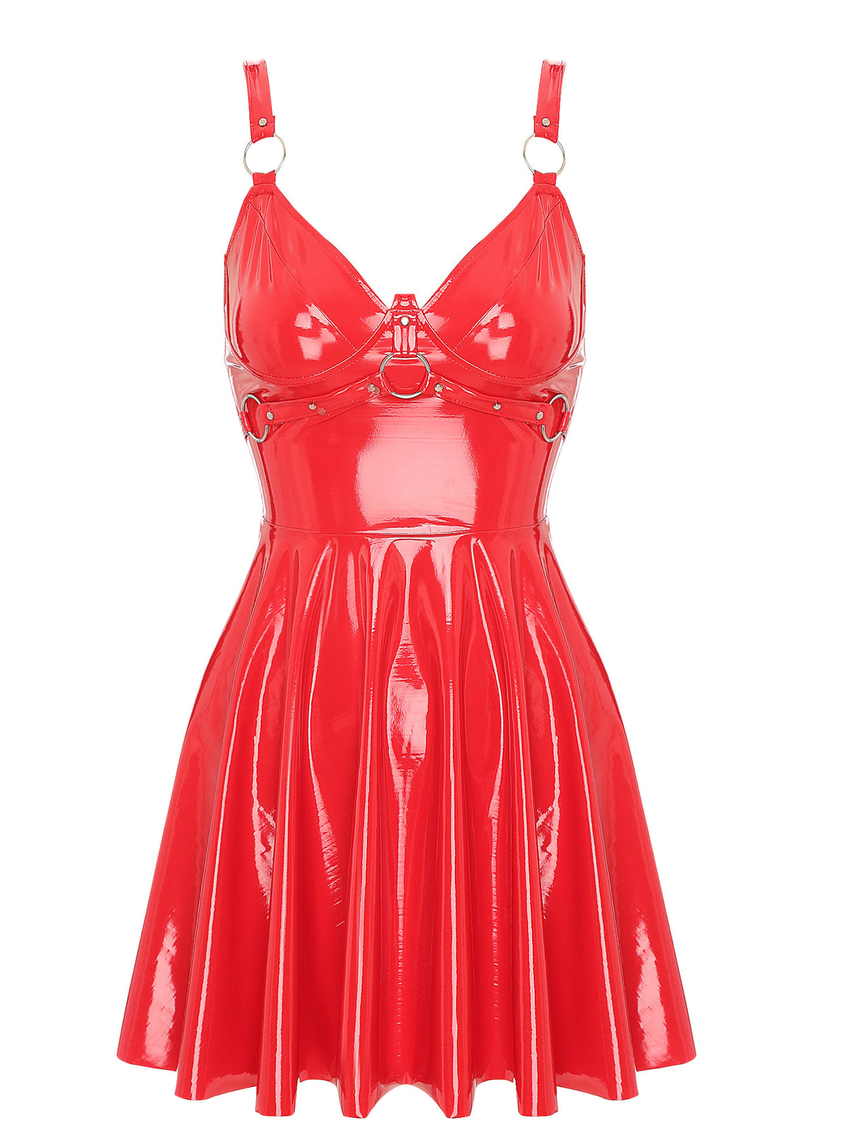 Abito sottoveste in pelle verniciata Sexy effetto bagnato da donna O-Ring rivetti con spalline scollo a V Punk gotico a-line Mini abiti Rave Party Clubwear