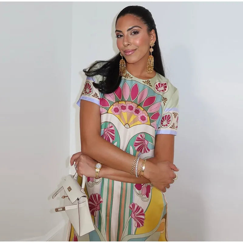 Abito Lungo da Donna con Stampa, Scollo a V, Maniche a Campana, Bordo a Foglia di Loto, Vita Alta, Vestito Maxi Aderente, Elegante Abito da Sera per Feste