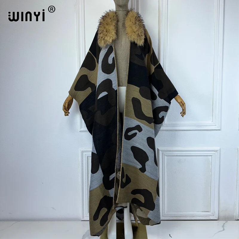 WINYI Africa Collo in pelliccia artificiale Cardigan invernale maxi kimono vestito da festa abaya dubai luxur abiti invernali per donna piumino