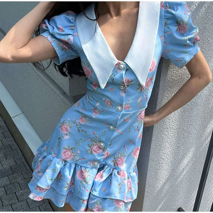 Mini abito con stampa casual Lady Summer Slim bottoni con risvolto Abiti a strati a trapezio Donna Manica corta Abito da vacanza Festa femminile Dolce