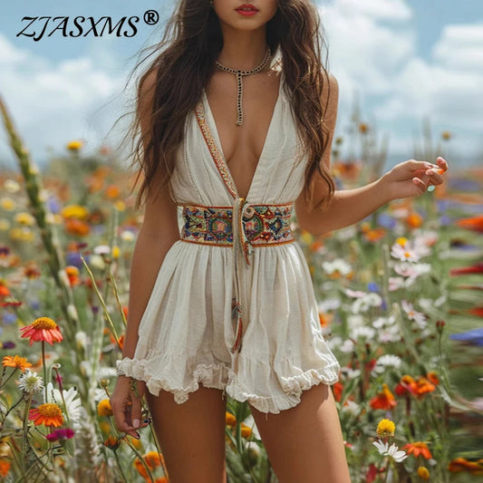 Abiti sexy scollo a V profondo abiti da festa vuoti donna primavera fasciatura stampata volant abito corto mini abito estivo senza maniche