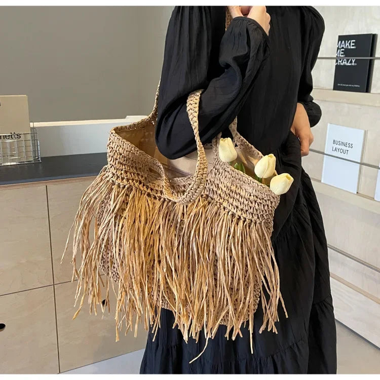 Borse a tracolla da donna in tessuto con nappe casual Borse da donna con frange fatte a mano Borsa tote grande da spiaggia estiva Borsa shopper grande per le vacanze