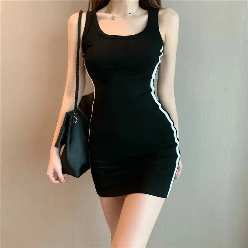 Abito tubino casual da donna estivo Abito da donna con cinturino per spaghetti senza maniche Abiti a righe a contrasto slim elasticizzati sexy