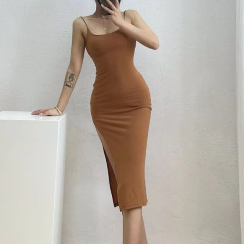 Rimocy Abito lungo sexy con spacco alto per donna Abito estivo aderente senza maniche senza schienale Donna Vacanza Spiaggia Abiti con cinturino per spaghetti