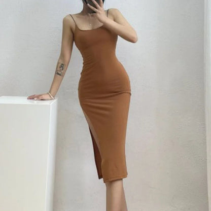Rimocy Abito lungo sexy con spacco alto per donna Abito estivo aderente senza maniche senza schienale Donna Vacanza Spiaggia Abiti con cinturino per spaghetti