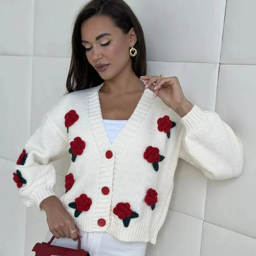 Cardigan autunno inverno da donna maglioni lavorati a maglia carini fiore stampato aperto sul davanti abbottonato cappotto corto allentato capispalla